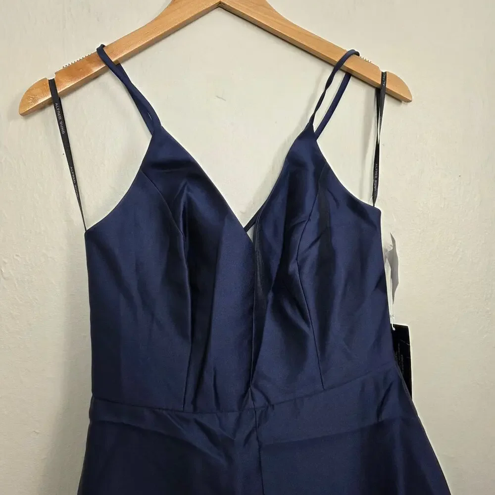 NWT Alfred Sung D750 V-Neck Full Skirt Satin Maxi Dress Midnight Blue 8 - Picture 4 of 10